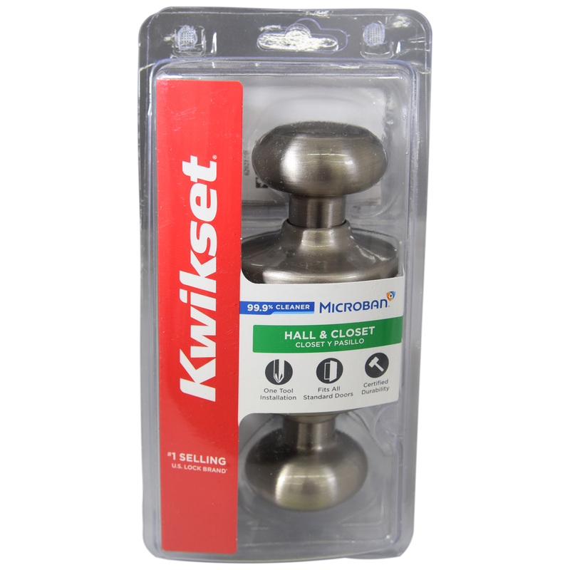 Kwikset 200CV-15 CP Door Knob, Satin Nickel, 1-3/8 to 1-3/4 in Thick Door, 2-1/4 in Strike